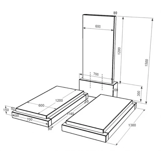 Размеры Гранитный памятник с гробницей двойной из черного гранита Коростышев без резных работ к21-kor-pf-120-60-08-001