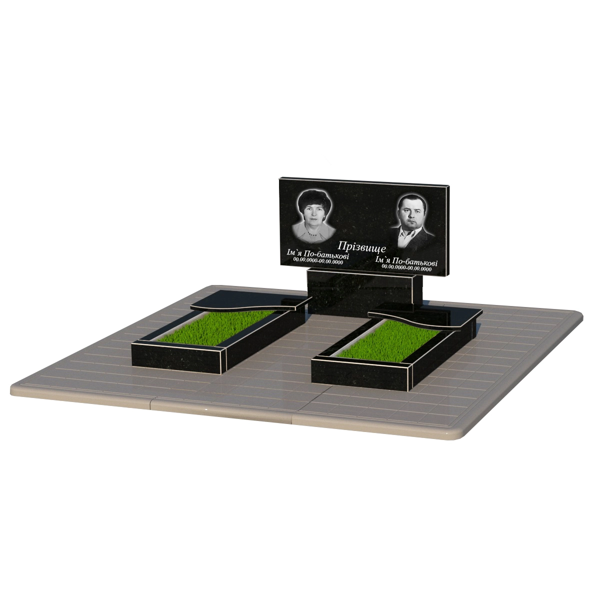 Основне Гранітний пам'ятник горизонтальний подвійний із чорного граніту Коростишів з хвилею різьблений к15-kor-npf-40-80-05-001-pbd3