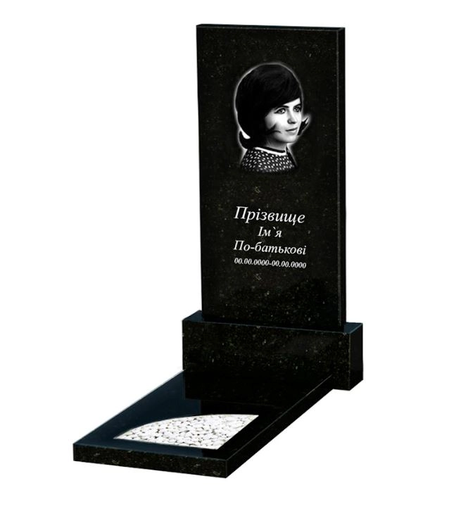 Основне Пам'ятник на цвинтар з граніту для дівчини одинарний із чорного граніту Коростишів з вирізаним куточком к9-kor-pf-100-50-08-001