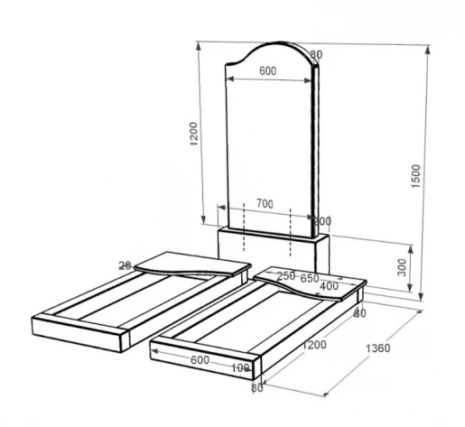 Розміри Гранітний пам'ятник на могилу подвійний із чорного граніту Коростишів з хвилею різьблений к15-kor-npf-120-60-08-011-r