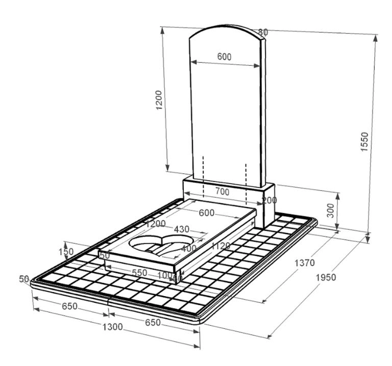 Размеры Гранитное надгробие шириной 70 см одинарный с сердцем резная работа из черного гранита Коростышев Дуга 009 к11-kor-npf-120-60-08-009-pbd3
