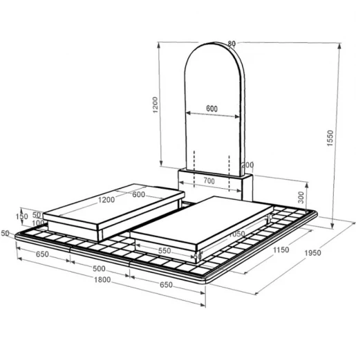 Розміри Пам'ятник із граніту для цвинтаря подвійний із чорного граніту Коростишів з полукруглою стелою к19-kor-npf-120-60-08-006-pbd3