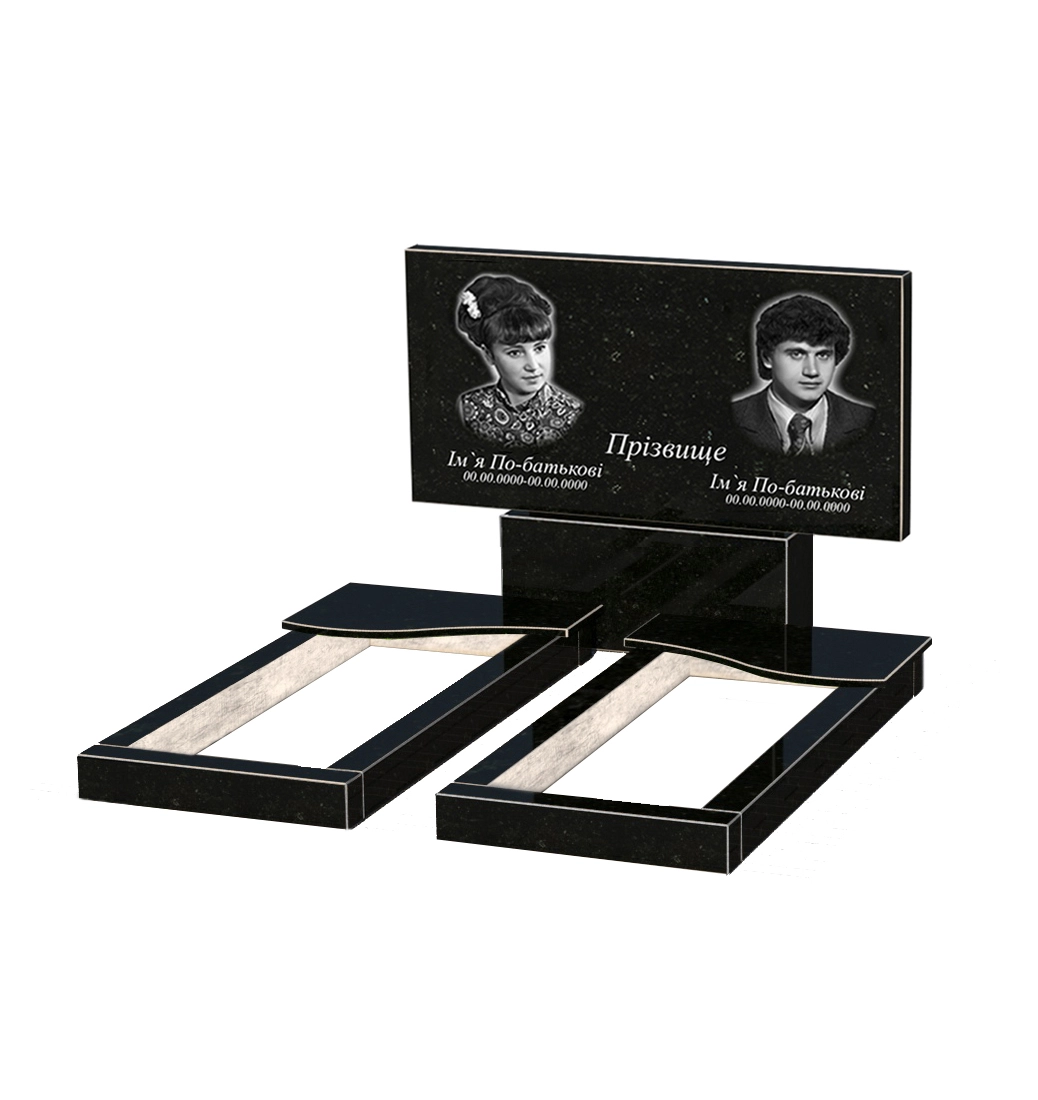 Без декору Надгробок із граніту висотою 90 см подвійний із чорного граніту Коростишів з хвилею різьблений к15-kor-npf-60-120-08-001