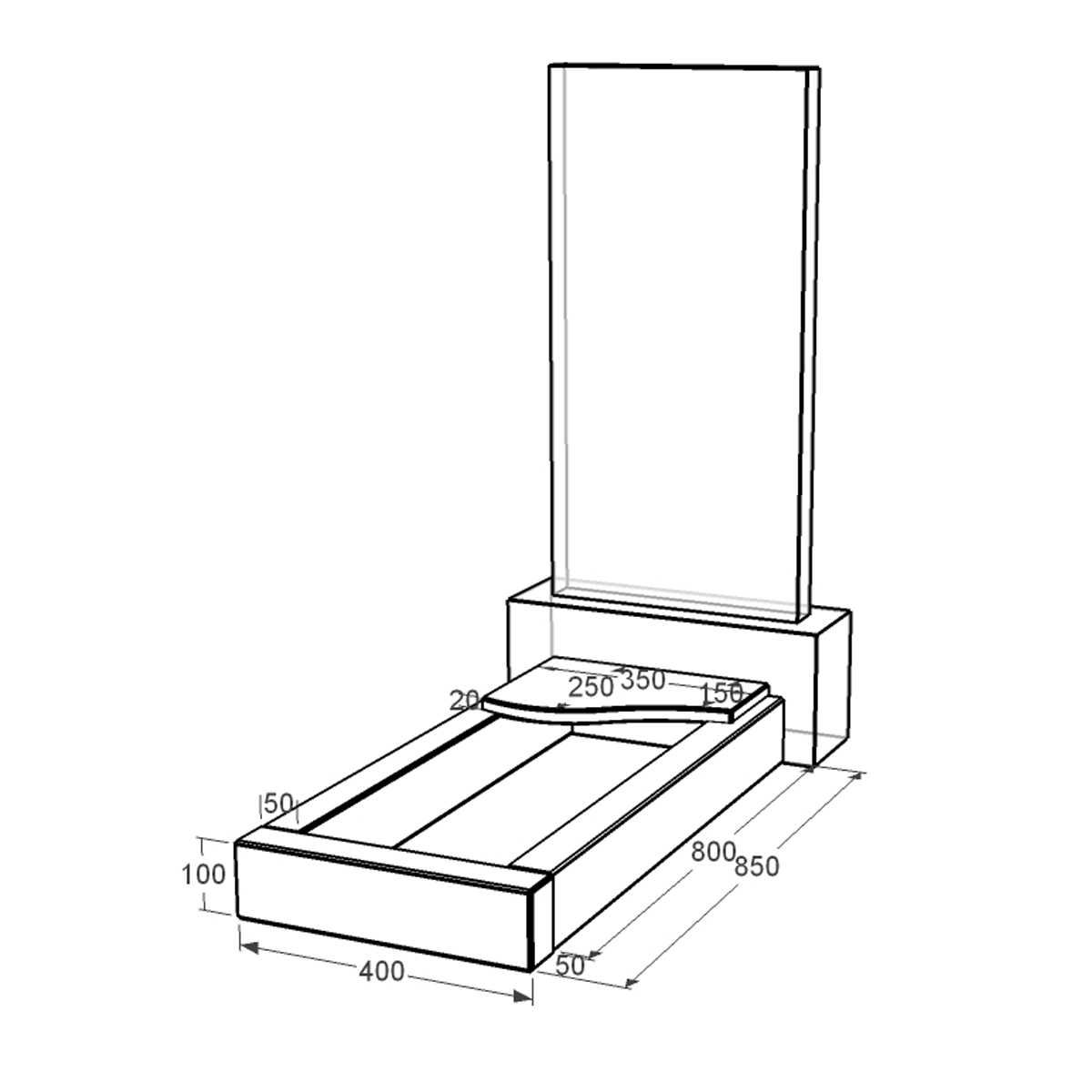 Размеры Цветник на кладбище с плитой на цветнике 850x400x100 из гранита серия Базис с неполированными фасками Коростышевского карьера cv-kor-npf-850-400-3-volna-1-st