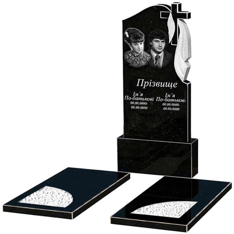 Основне Граніт надгробок з вирізаним куточком подвійний із чорного граніту Коростишів к18-kor-npf-120-60-08-142-r