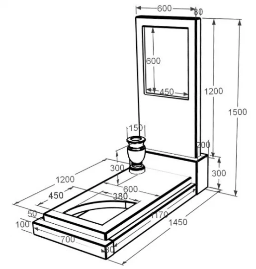 Розміри Пам'ятник із мармуру стела 120х60 см одинарний з білого мармуру Волокас з вирізаним куточком к24-vol-pf-120-60-08-001