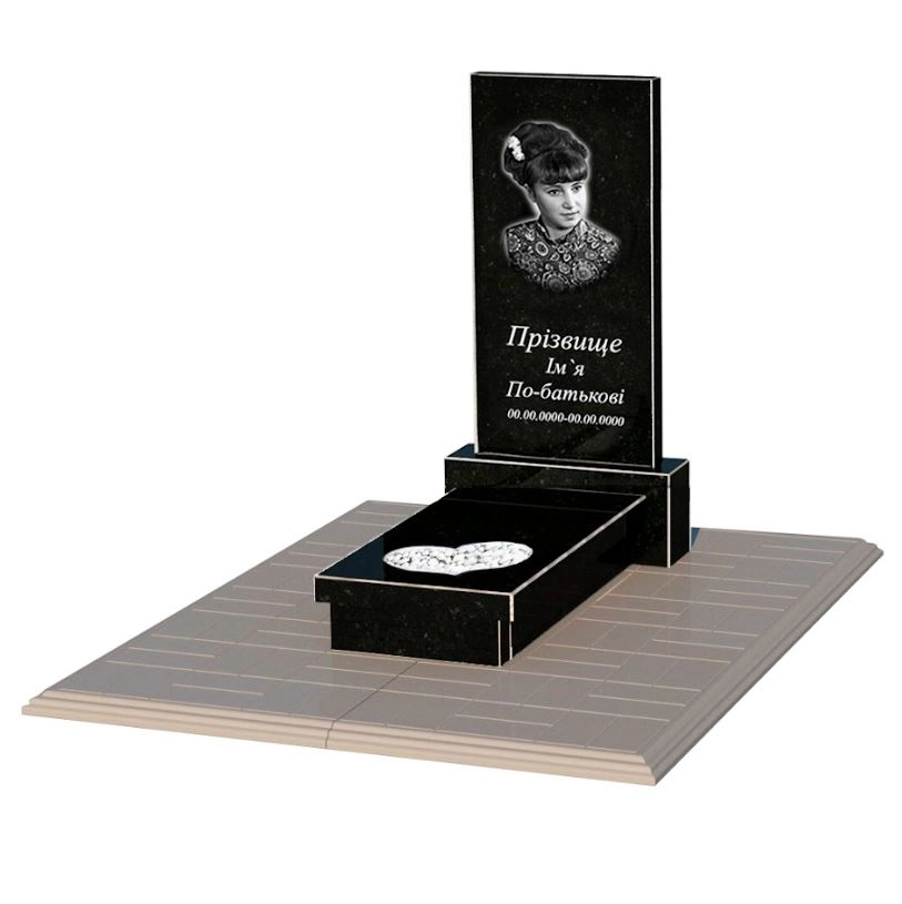 Основное Памятник из гранита с бетонной плитой одинарный из черного гранита Коростышев с сердцем резная работа к11-kor-npf-80-40-05-001-pbd1