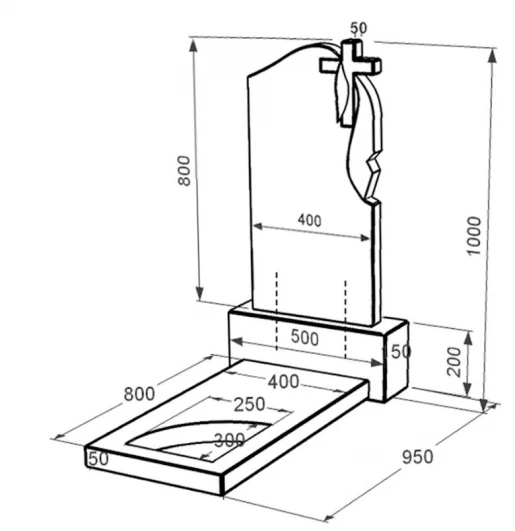 Розміри Гранітний пам'ятник з вирізаним куточком одинарний із чорного граніту Коростишів к9-kor-npf-80-40-05-142-r