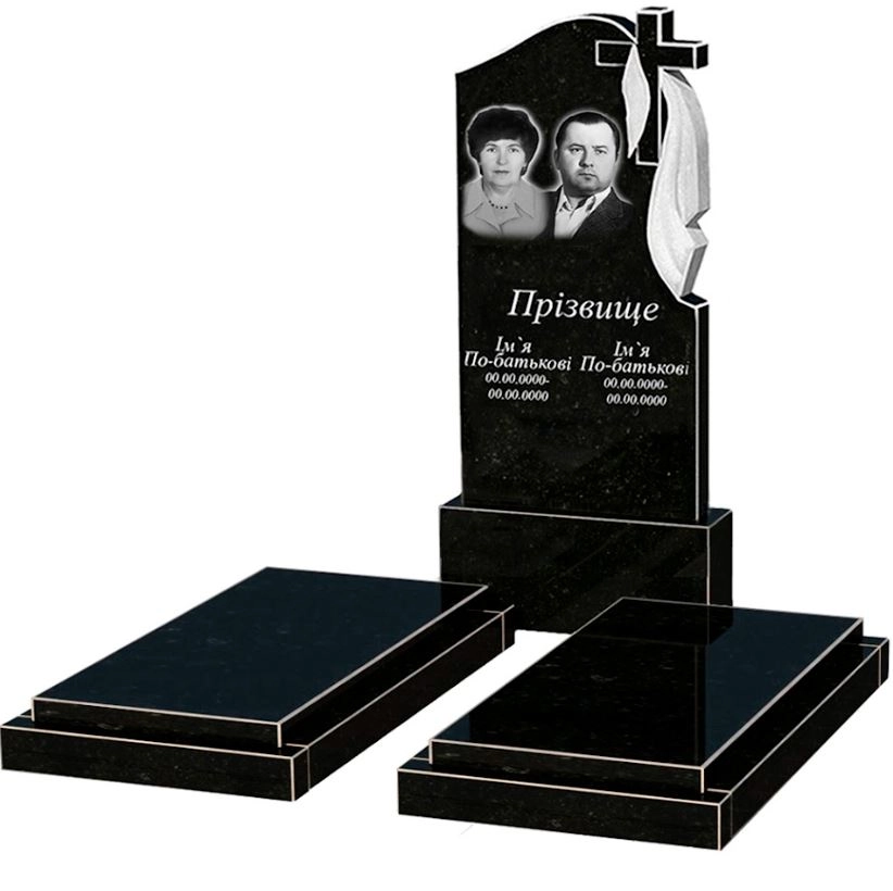 Основне Пам'ятник із граніту високий подвійний із чорного граніту Коростишів з хрестом та плащаницею різьблений к21-kor-npf-120-60-08-142-r