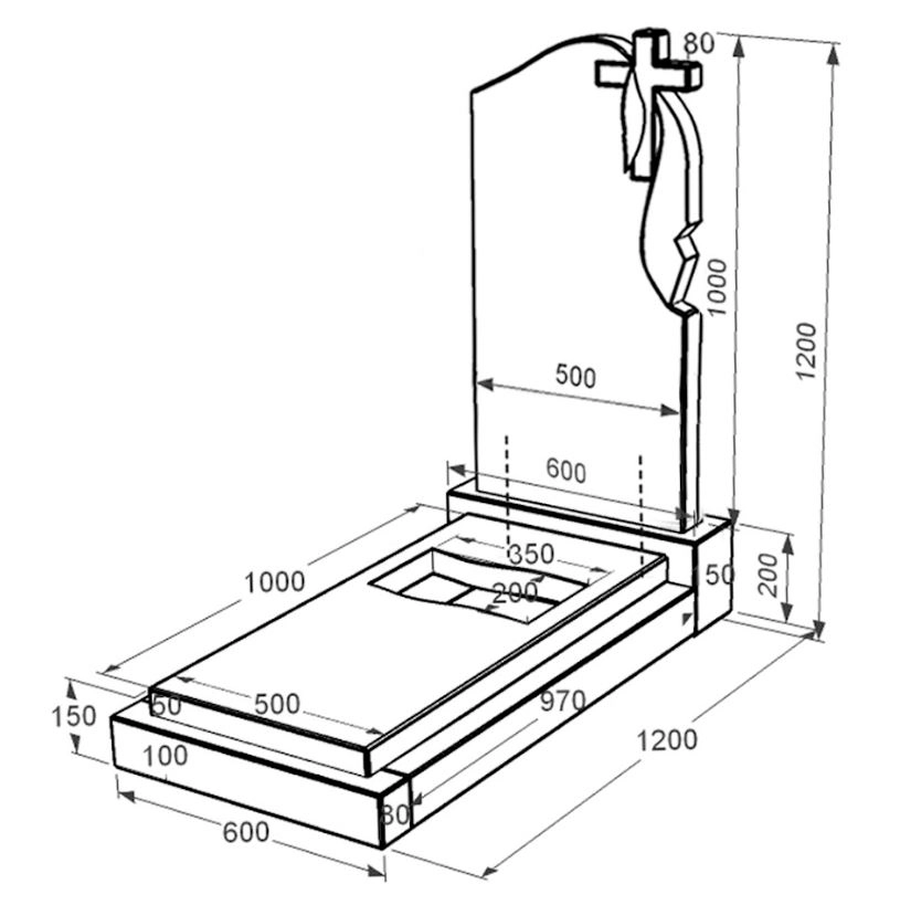 Розміри Пам'ятник із граніту з різним прапором одинарний із чорного граніту Коростишів к6-kor-npf-100-50-08-142-r