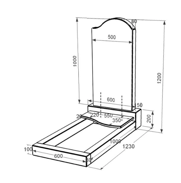 Розміри Гранітний кам'яний надгробок габро одинарний із чорного граніту Коростишів з хвилею різьблений к5-kor-npf-100-50-08-011-r