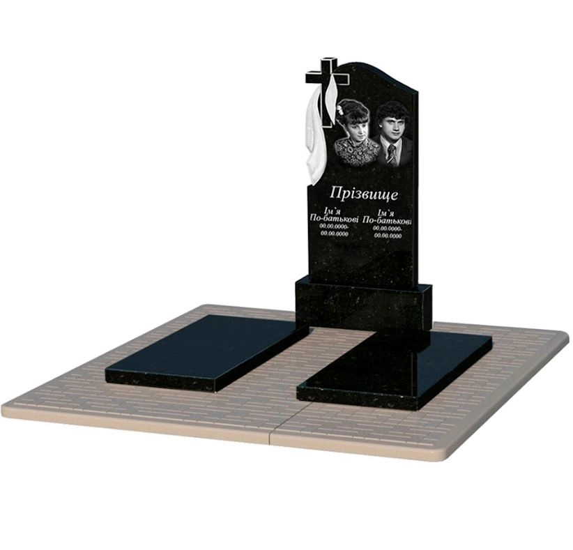 Основне Пам'ятник із граніту з плащаницею різьблений подвійний із чорного граніту Коростишів з хрестом різьблений к17-kor-pf-100-50-08-142-pbd2