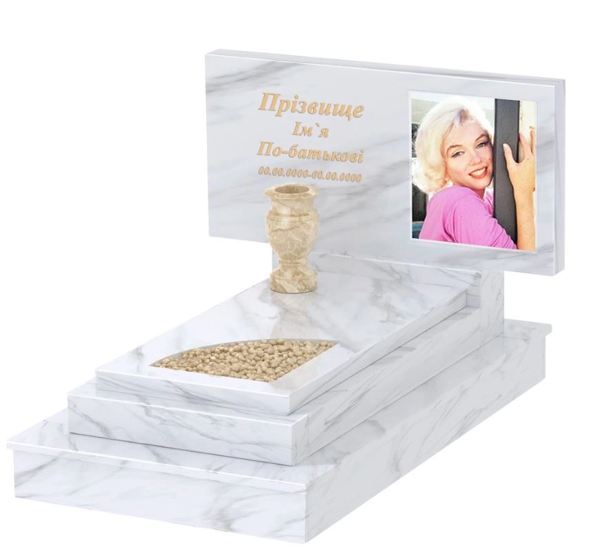 Основное Мраморный памятник производство Украина одинарный из белого мрамора Волокас с вырезанным уголком к24-vol-pf-50-100-08-001-ck