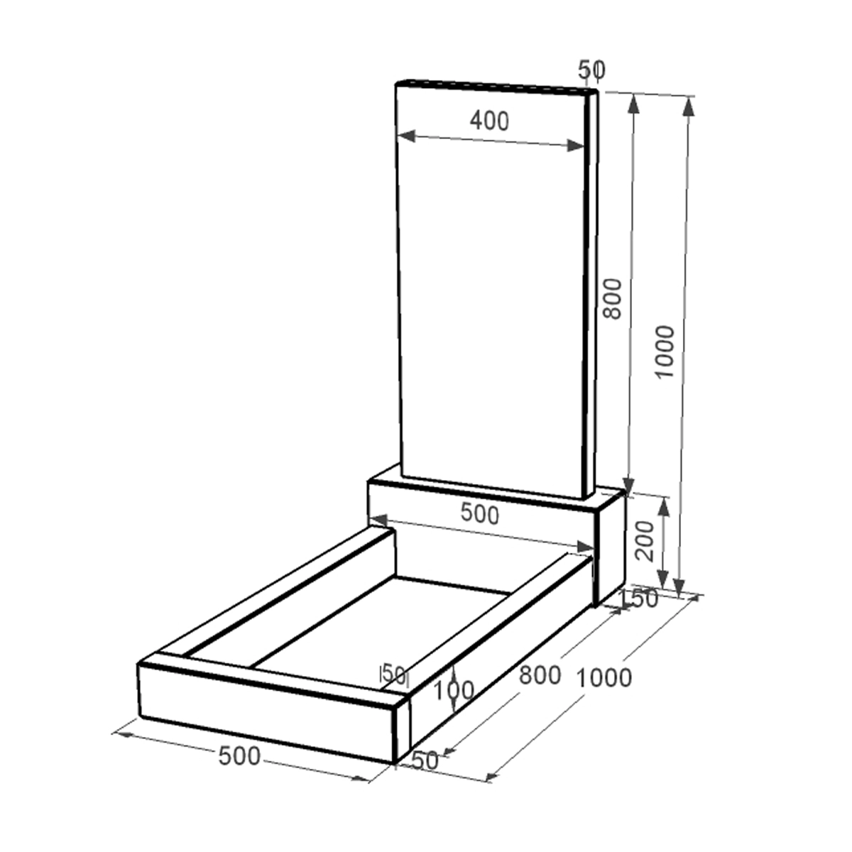 Розміри Пам'ятник із граніту доньці одинарний серія Базіс серія Базіс 001 із чорного граніту Коростишівського кар'єру к2-kor-npf-80-40-05-001