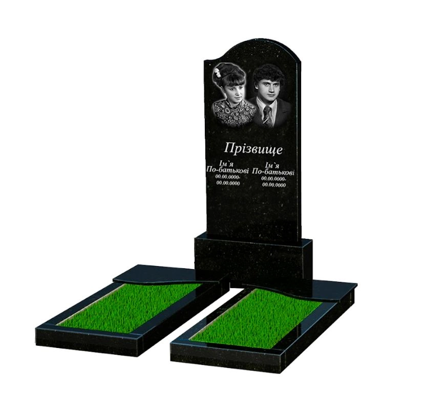 Основне Гранітний камінь на могилу з квітником подвійний із чорного граніту Коростишів з хвилею різьблений к15-kor-pf-120-60-08-011-r