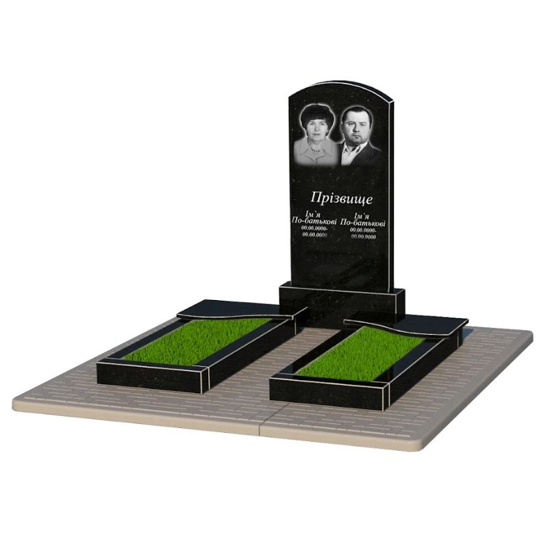 Основне Гранітний пам'ятник з квітником 1200x600x1310 подвійний з хвилею різьблений із чорного граніту Коростишів Дуга 009 к15-kor-npf-100-50-08-009-pbd2