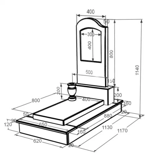 Розміри Мармуровий пам'ятник з надгробною плитою одинарний з білого мармуру Волокас з хвилею різьблений к7-vol-pf-80-40-05-011-l-ck