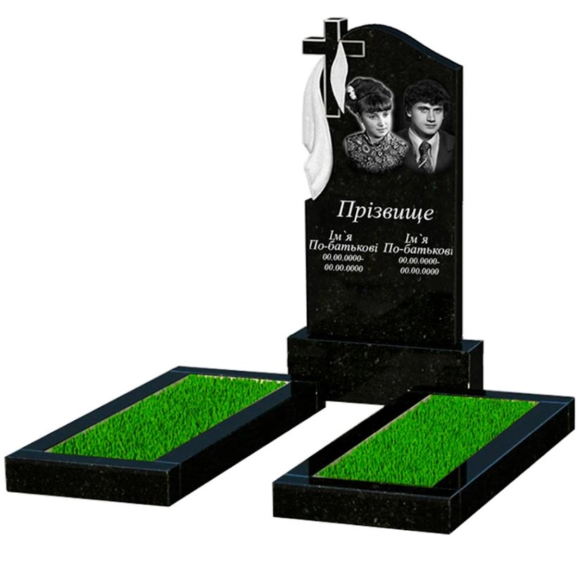Основне Гранітний пам'ятник з хрестом різьблений подвійний із чорного граніту Коростишів з плащаницею різьблений к14-kor-pf-100-50-08-142