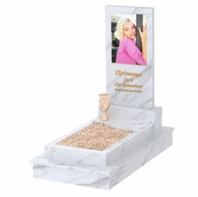 Мармуровий пам'ятник жіночий одинарний з білого мармуру Волокас з хвилею різьблений к5-vol-pf-80-40-05-001-ck