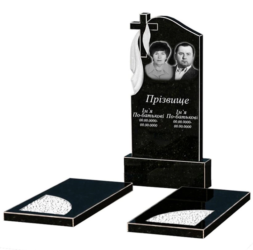 Основне Могильний пам'ятник із граніту з вирізаним куточком подвійний із чорного граніту Коростишів к18-kor-npf-100-50-08-142