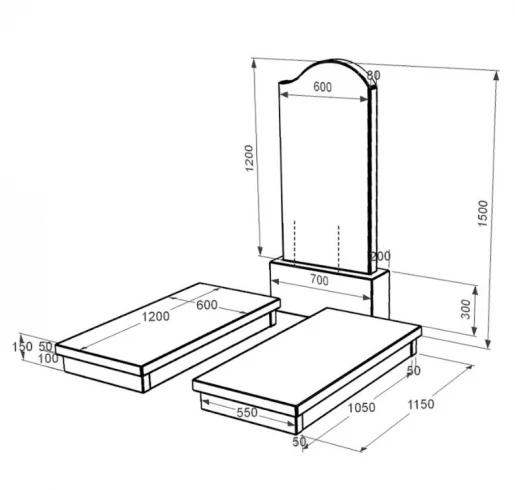 Розміри Камінь на могилу із граніту на двох із чорного граніту Коростишів з хвилею різьблений к19-kor-pf-120-60-08-011-r
