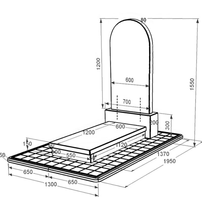 Размеры Памятник из гранита на одного из черного гранита Коростышев с полукруглой стелой к10-kor-npf-120-60-08-006-pbd3