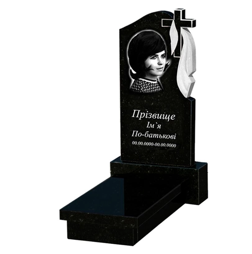Основне Гранітний пам'ятник надгробок жіночий одинарний із чорного граніту Коростишів з хрестом та плащаницею різьблений к10-kor-pf-80-40-05-142-r