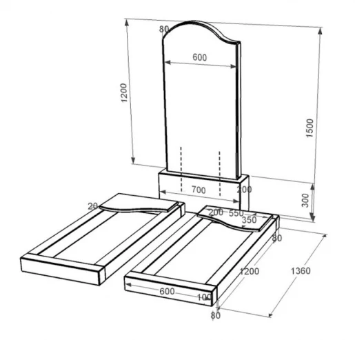 Розміри Гранітний пам'ятник габро подвійний із чорного граніту Коростишів з хвилею різьблений к16-kor-pf-120-60-08-011-l