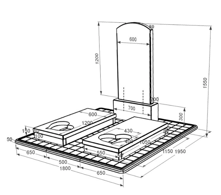 Розміри Гранітний ритуальний пам'ятник великий подвійний з серцем різьблена робота із чорного граніту Коростишів Дуга 009 к20-kor-npf-120-60-08-009-pbd3