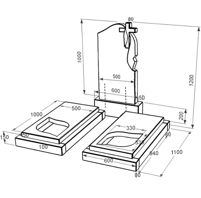 Размеры Гранитный памятник среднего размера двойной из черного гранита Коростышев с листом резная работа к22-kor-pf-100-50-08-142-r