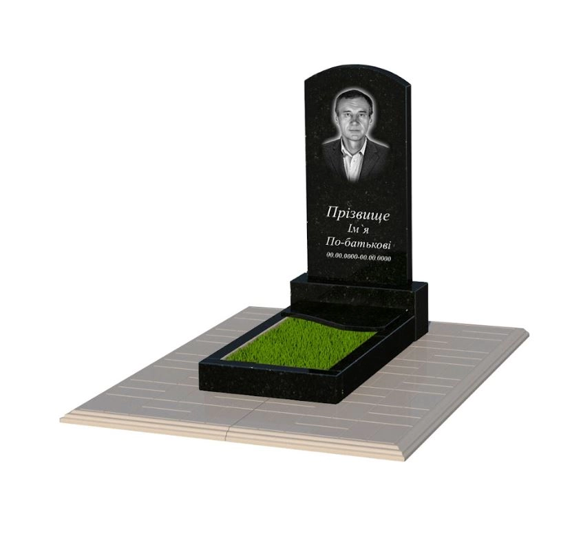 Основне Граніт надгробок з декоруванням штучною травою одинарний із чорного граніту Коростишів з хвилею різьблений к5-kor-pf-80-40-05-009-l-pbd1