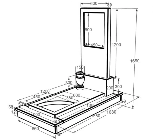 Розміри Пам'ятник із мармуру великого розміру одинарний з білого мармуру Волокас з вирізаним куточком к9-vol-pf-120-60-08-001-ck