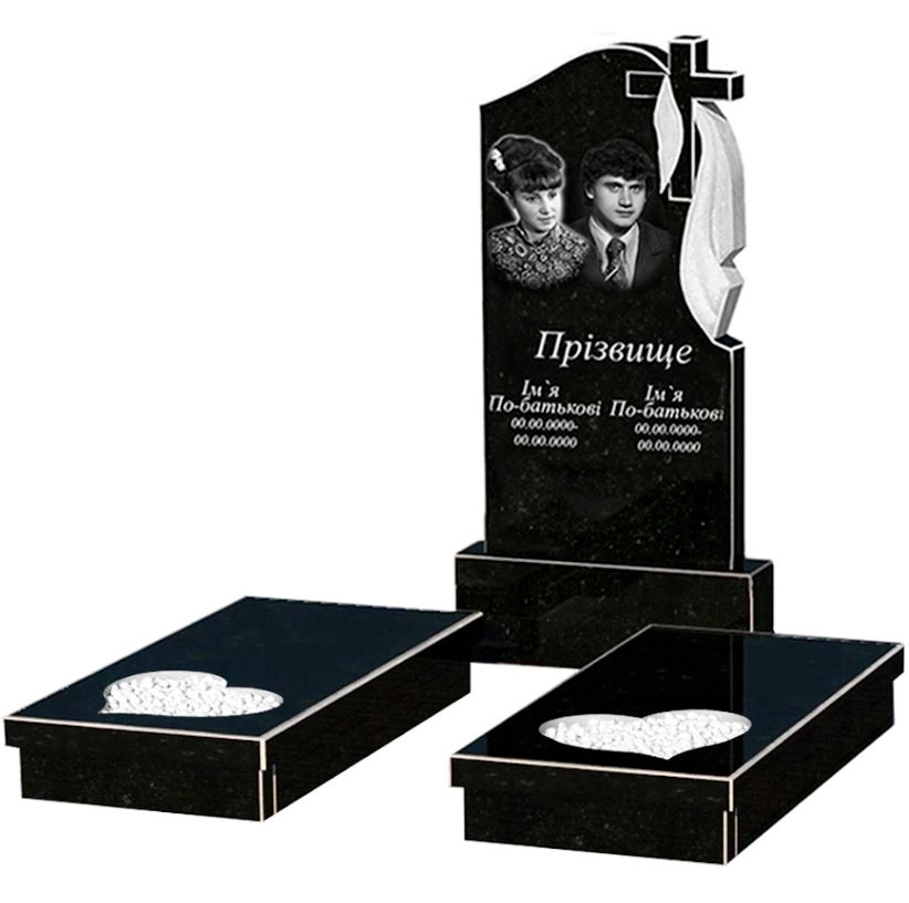 Основное Гранитный памятник на могилу на двоих из черного гранита Коростышев с сердцем резная работа к20-kor-npf-100-50-08-142-r