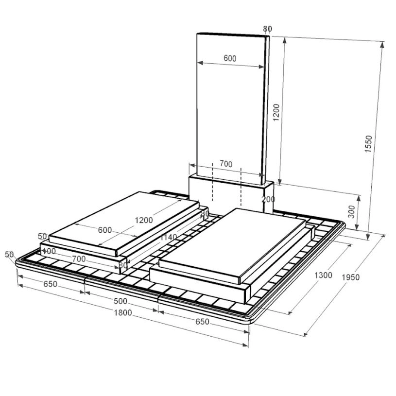 Размеры Памятник на кладбище из гранита для супругов двойной из черного гранита Коростышев без резных работ к21-kor-npf-120-60-08-001-pbd3