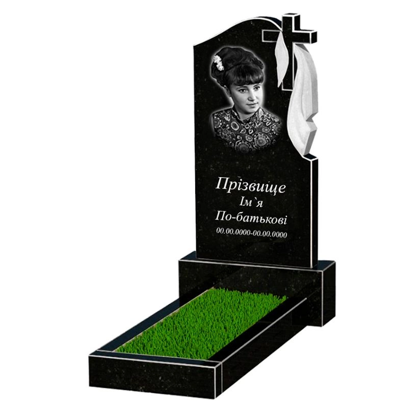 Основное Гранитный могильный камень маленький одинарный из черного гранита Коростышев с крестом и плащаницей резной к1-kor-npf-80-40-05-142-r