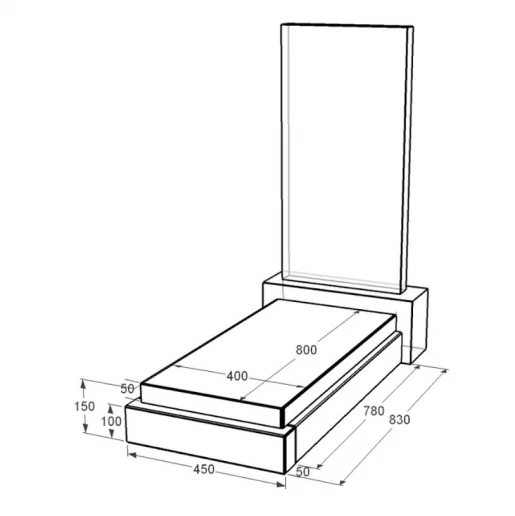 Размеры Гробничка на могилу из гранита 830x450x150 с полированными фасками Коростышевского карьера серия Базис gr-kor-pf-800-400-Bazys-3-st