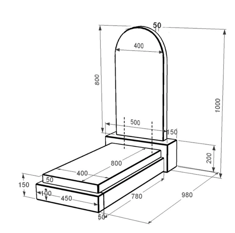 Розміри Гранітний пам'ятник з полукруглою стелою одинарний із чорного граніту Коростишів к12-kor-npf-80-40-05-006