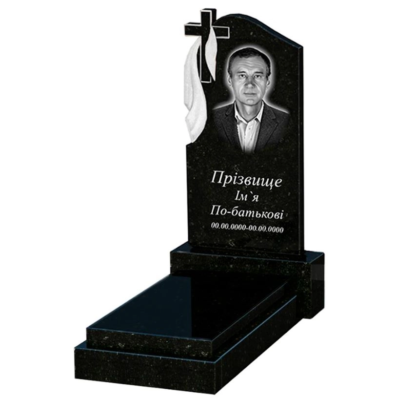 Основное Гранитный памятник с плащаницей резной одинарный из черного гранита Коростышев с крестом резной к12-kor-pf-80-40-05-142