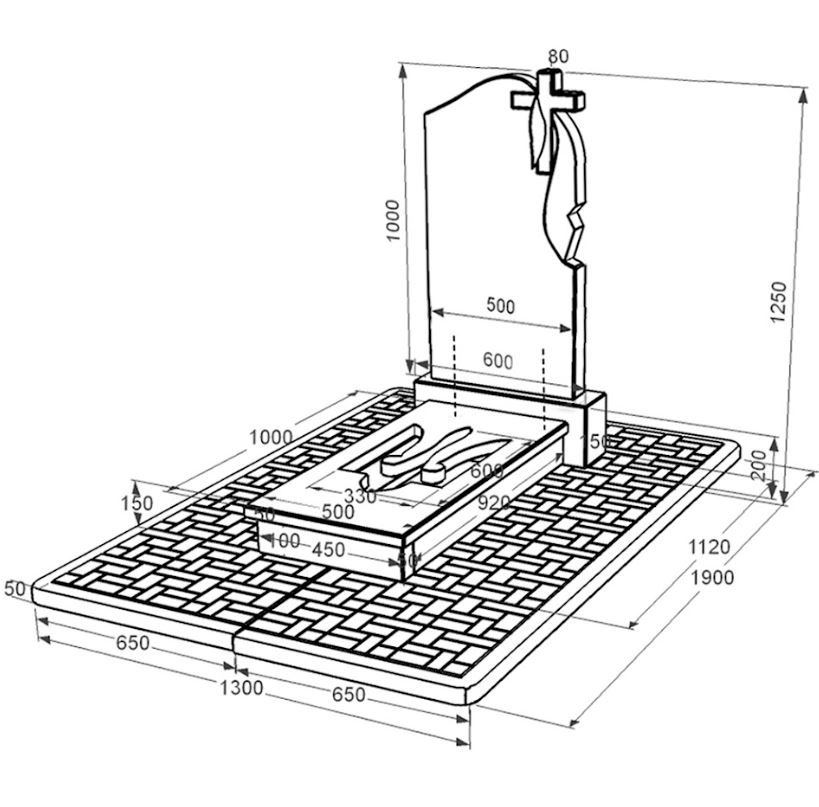 Розміри Надгробок із граніту з Тризубом вирізаним одинарний із чорного граніту Коростишів к8-kor-pf-100-50-08-142-r-pbd2