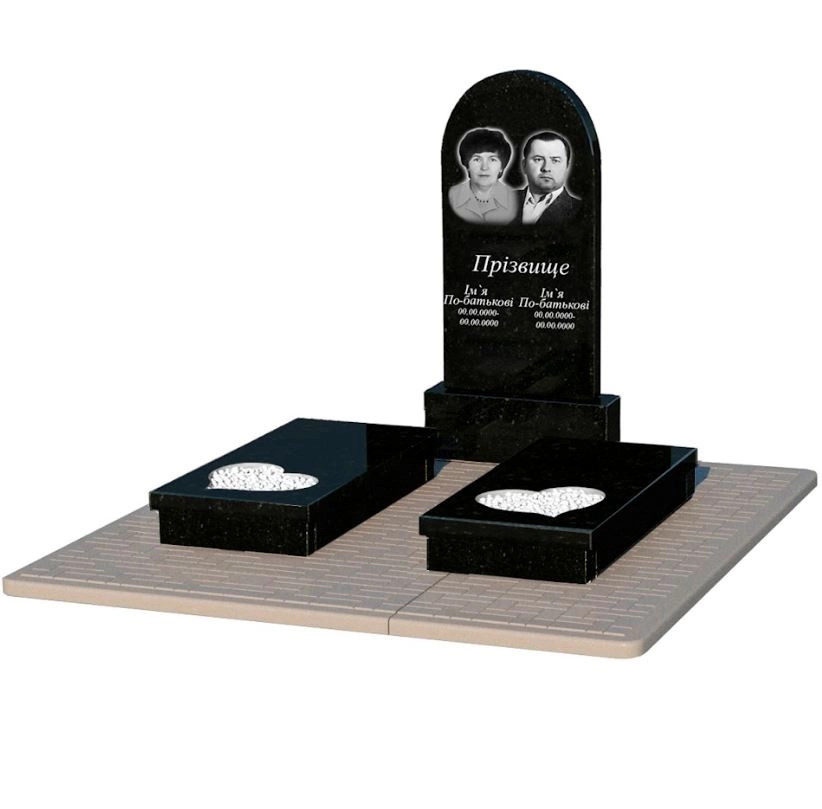 Основне Пам'ятник із граніту з декоруванням білою галькою подвійний із чорного граніту Коростишів з серцем різьблена робота к20-kor-pf-100-50-08-006-pbd2