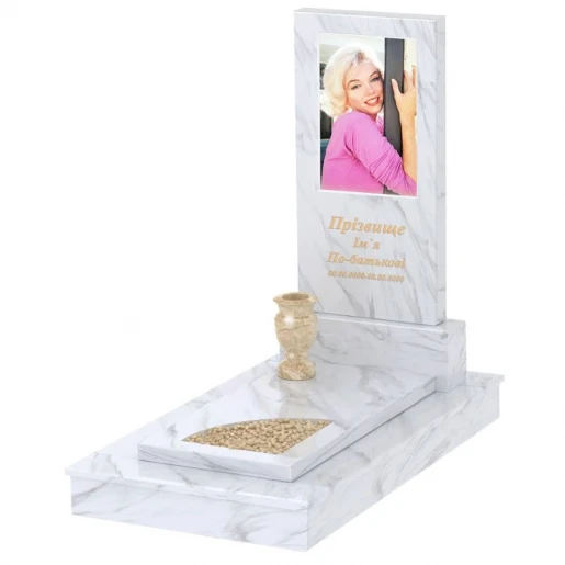 Мармуровий пам'ятник з цоколем одинарний з білого мармуру Волокас з вирізаним куточком к9-vol-pf-100-50-08-001-ck