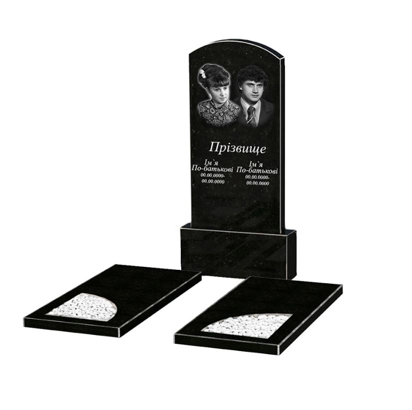 Основное Гранитный памятник семейный двойной из черного гранита Коростышев с вырезанным уголком к18-kor-npf-100-50-08-009