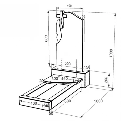 Размеры Надгробие из гранита с полным полированием сторон одинарный из черного гранита Коростышев с волной резной к3-kor-npf-80-40-05-142-l