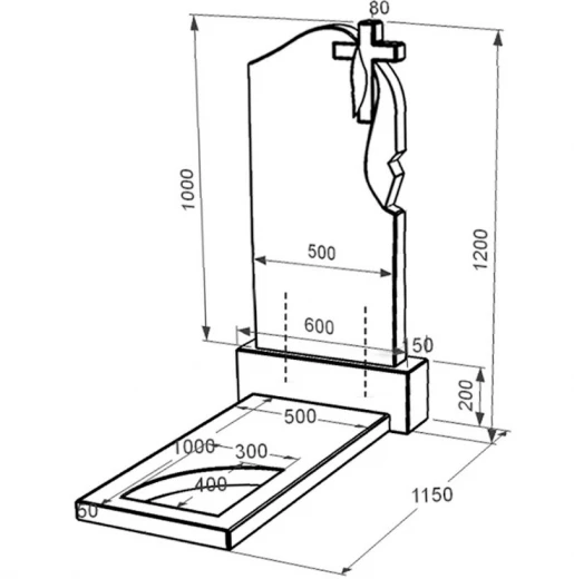 Розміри Гранітний пам'ятник стела 100х50 см одинарний із чорного граніту Коростишів з вирізаним куточком к9-kor-npf-100-50-08-142-r
