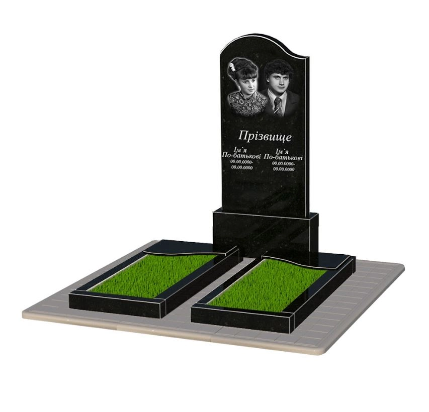 Основне Надгробний пам'ятник із граніту подружжю подвійний із чорного граніту Коростишів з хвилею різьблений к16-kor-npf-120-60-08-011-l-pbd3