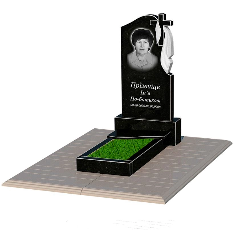 Основне Гранітний пам'ятник на кладовище із неполірованими фасками одинарний із чорного граніту Коростишів з хвилею різьблений к3-kor-npf-80-40-05-142-r-pbd1