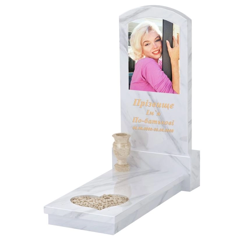 Основне Мармуровий пам'ятник з серцем різьблена робота одинарний з білого мармуру Волокас з дугою різьблений к11-vol-pf-120-60-08-009