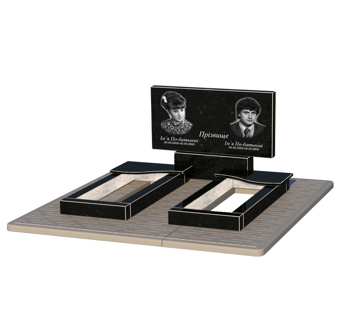 Без декору Гранітний пам'ятник з декоруванням штучною травою подвійний із чорного граніту Коростишів з хвилею різьблений к15-kor-npf-50-100-08-001-pbd2