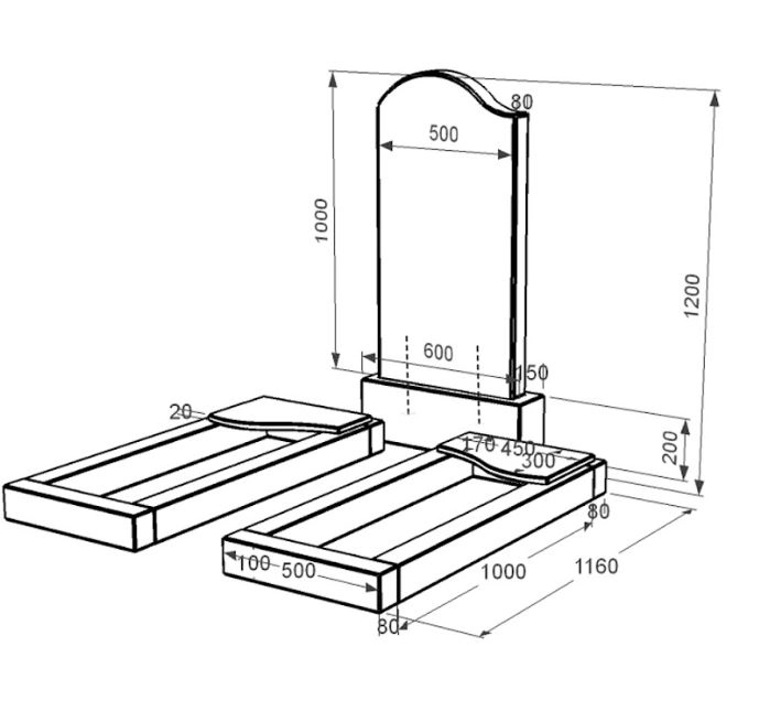 Розміри Гранітний пам'ятник сімейні подвійний із чорного граніту Коростишів з хвилею різьблений к16-kor-npf-100-50-08-011