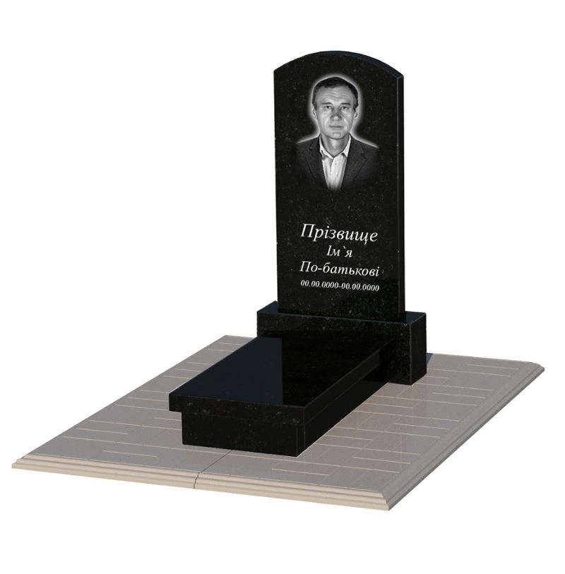 Основне Гранітний пам'ятник з повним поліруванням сторін одинарний із чорного граніту Коростишів з дугою різьблений к10-kor-pf-80-40-05-009-pbd1